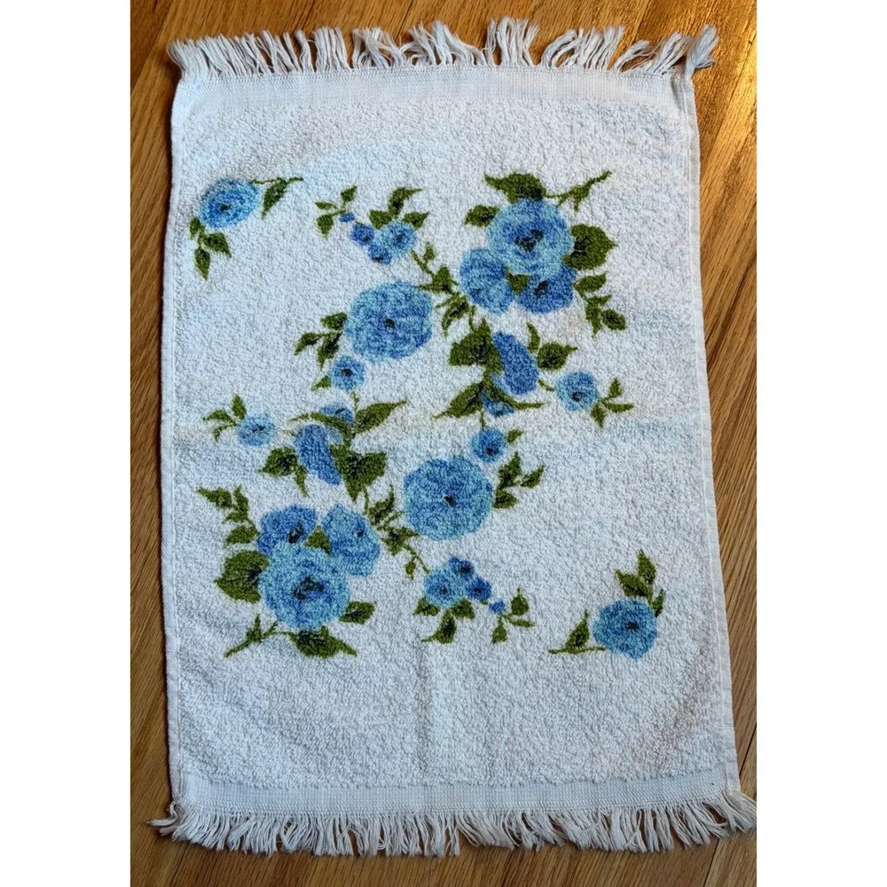 Vintage Cannon Mills Trophy Hand Towels Set of 2 Floral Blue Yellow Rose Fringe